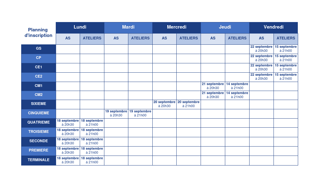 planning des inscriptions